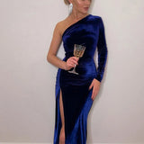Women Long Sleeve Party Evening Velvet Bodycon Split Pencil Spring Autumn Clothes Midi Dress