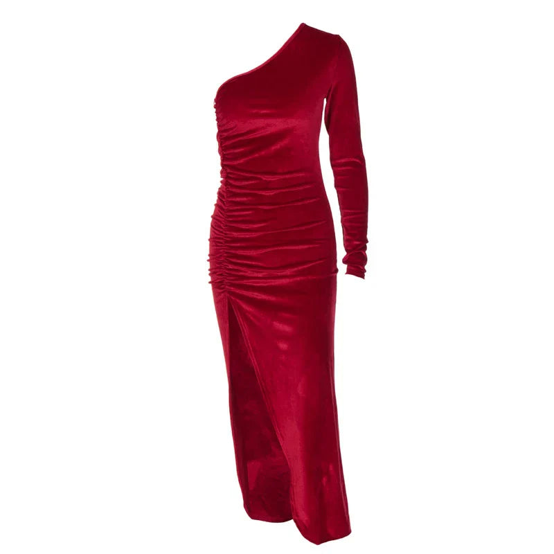 Women Long Sleeve Party Evening Velvet Bodycon Split Pencil Spring Autumn Clothes Midi Dress