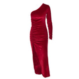 Women Long Sleeve Party Evening Velvet Bodycon Split Pencil Spring Autumn Clothes Midi Dress