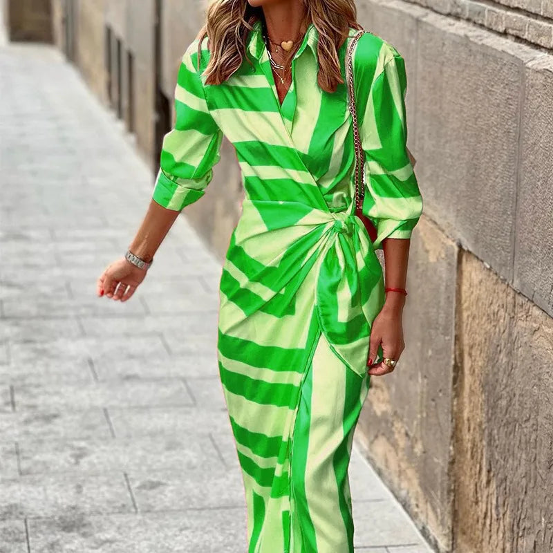 Shirt Fashion Printed Button Ruched Bandage Long Women's Solid V Neck Beach Casual Boho Dress
