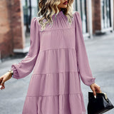 Round Neck Lantern Sleeve Ruffles Lace Up Dress