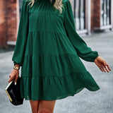 Round Neck Lantern Sleeve Ruffles Lace Up Dress