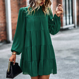 Round Neck Lantern Sleeve Ruffles Lace Up Dress