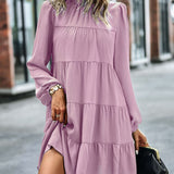 Round Neck Lantern Sleeve Ruffles Lace Up Dress