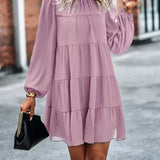 Round Neck Lantern Sleeve Ruffles Lace Up Dress