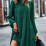 Round Neck Lantern Sleeve Ruffles Lace Up Dress
