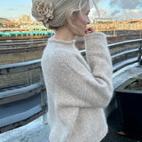 Women Elegant Solid Round Neck Basic Knitted Pullover Fashion Long Sleeves Sweater