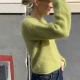 Women Elegant Solid Round Neck Basic Knitted Pullover Fashion Long Sleeves Sweater
