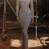 Sequins Glitter Solid Slim Half High Collar Long Sleeve Dress