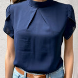 Women Fashion Color Blouses Stand Collar Short Sleeve Blouse
