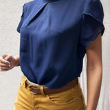 Women Fashion Color Blouses Stand Collar Short Sleeve Blouse