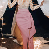 Splic Sequins Lace Embroidery Irregular Maxi Dress