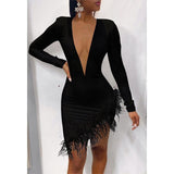 Women Faxu Feather Long Sleeve Dress