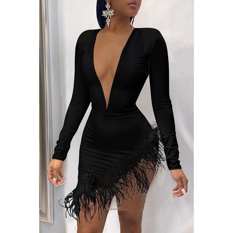 Women Faxu Feather Long Sleeve Dress