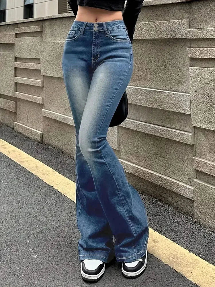 Women Flare Stretch High Gray Double Button Trouser