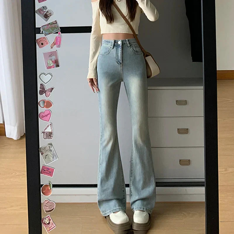 Women Flare Stretch Moustache Skinny Bell High Gray Classic Punk Long Trouser