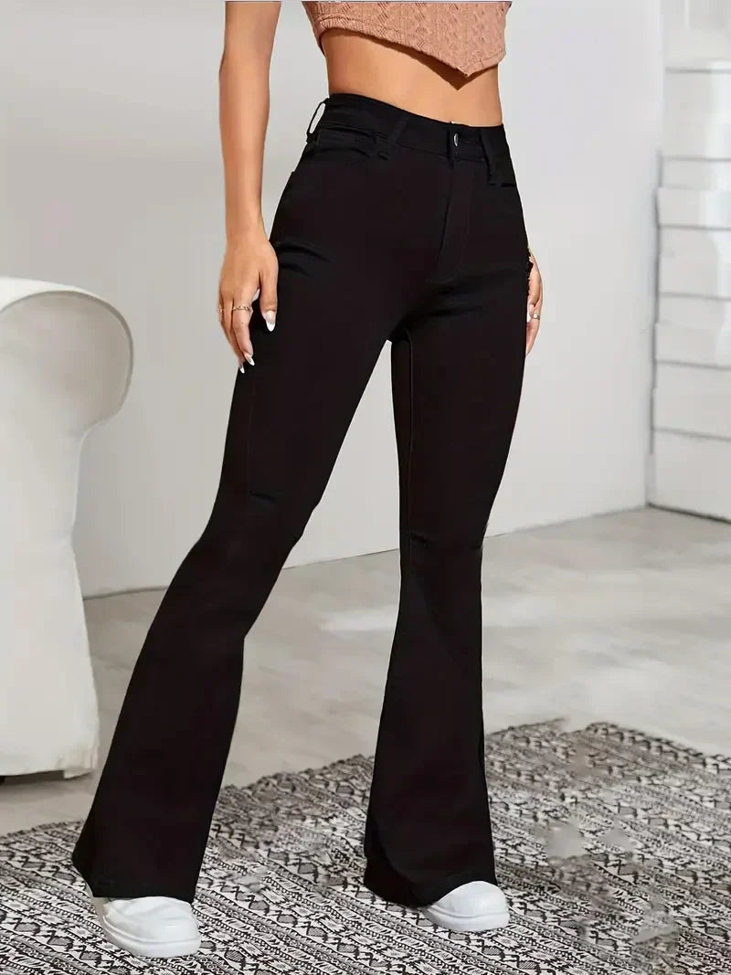 Women Flare Stretch Moustache Skinny Bell High Gray Classic Punk Long Trouser