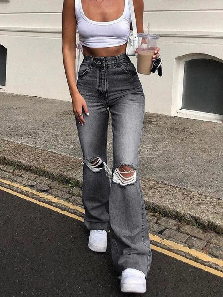 Women Flare Stretch Ripped Fashion Bell High Gray Hole Trouser
