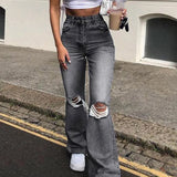 Women Flare Stretch Ripped Fashion Bell High Gray Hole Trouser