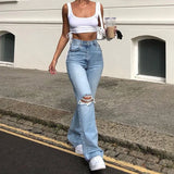 Women Flare Stretch Ripped Fashion Bell High Gray Hole Trouser