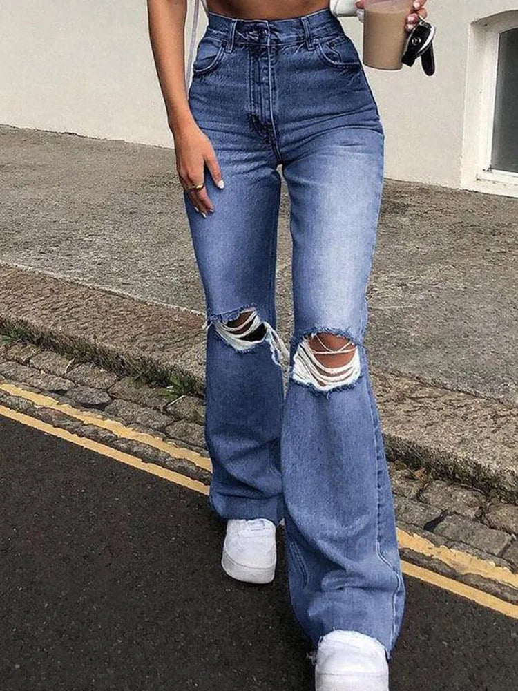 Women Flare Stretch Ripped Fashion Bell High Gray Hole Trouser