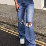 Women Flare Stretch Ripped Fashion Bell High Gray Hole Trouser
