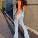 Women Flare Stretch Ripped Fashion Bell High Gray Hole Trouser