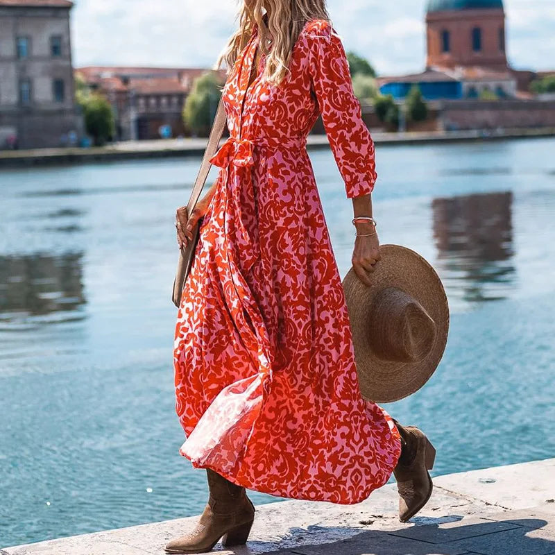 Women Floral Print Spring Office Lapel Boho Dress