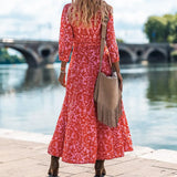 Women Floral Print Spring Office Lapel Boho Dress