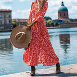 Women Floral Print Spring Office Lapel Boho Dress