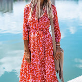Women Floral Print Spring Office Lapel Boho Dress