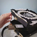 Vintage Punk Black White Doll Satchels Bowtie Imitation Pearl Lace Bag