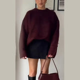 Women Knitted O Neck Thicken Warm Wine Pullover Fashion Long Sleeve Loose Sweater