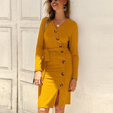 Women Long Sleeve V Neck Button Midi Dress Autumn Winter Knitted Dress Elegant OL Workwear Streetwear Bodycon Vestidos Mujer