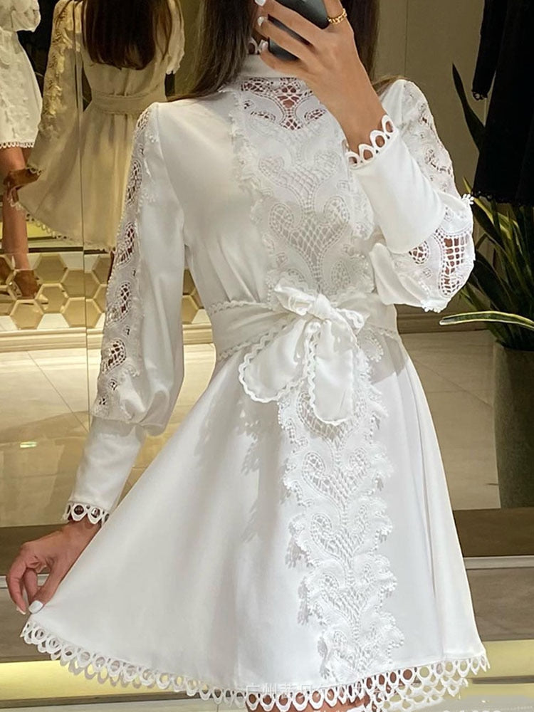 Women Sexy White Lace Hook Flower Hollow Patchwork Boho Long Sleeve Dresses Wedding Party