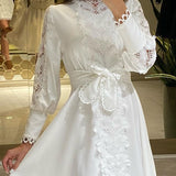Women Sexy White Lace Hook Flower Hollow Patchwork Boho Long Sleeve Dresses Wedding Party