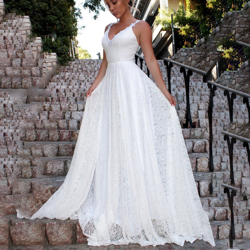 Women Sexy White Lace Hook Flower Hollow Patchwork Boho Long Sleeve Dresses Wedding Party