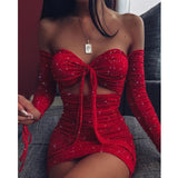 Women Off Shoulder Glitter Dress Long Sleeve Solid Sexy Party Strapless Mini Dresses Bust Tied Bodycon Ruched Dresses Vestidos