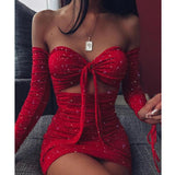 Women Off Shoulder Glitter Dress Long Sleeve Solid Sexy Party Strapless Mini Dresses Bust Tied Bodycon Ruched Dresses Vestidos