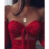 Women Off Shoulder Glitter Dress Long Sleeve Solid Sexy Party Strapless Mini Dresses Bust Tied Bodycon Ruched Dresses Vestidos
