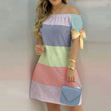 Women Off Shoulder Summer Mini Dress Short Sleeve Bow Tie Striped Plaid Floral Vestidos