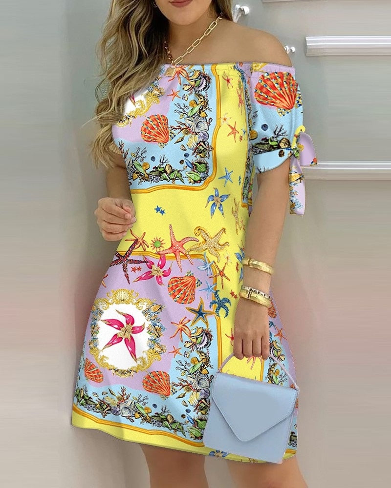 Women Off Shoulder Summer Mini Dress Short Sleeve Bow Tie Striped Plaid Floral Vestidos