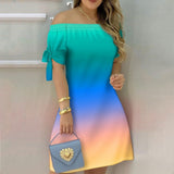 Women Off Shoulder Summer Mini Dress Short Sleeve Bow Tie Striped Plaid Floral Vestidos