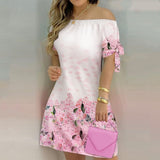 Women Off Shoulder Summer Mini Dress Short Sleeve Bow Tie Striped Plaid Floral Vestidos