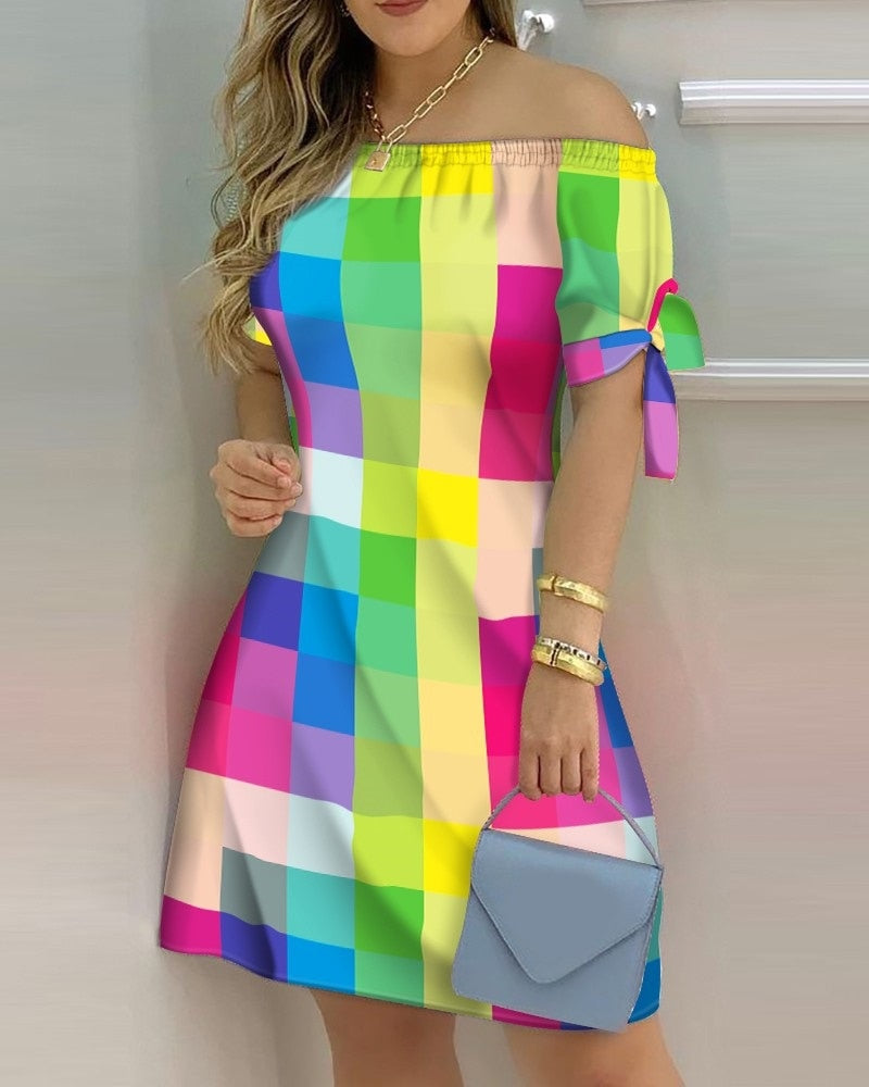 Women Off Shoulder Summer Mini Dress Short Sleeve Bow Tie Striped Plaid Floral Vestidos