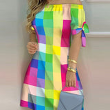 Women Off Shoulder Summer Mini Dress Short Sleeve Bow Tie Striped Plaid Floral Vestidos
