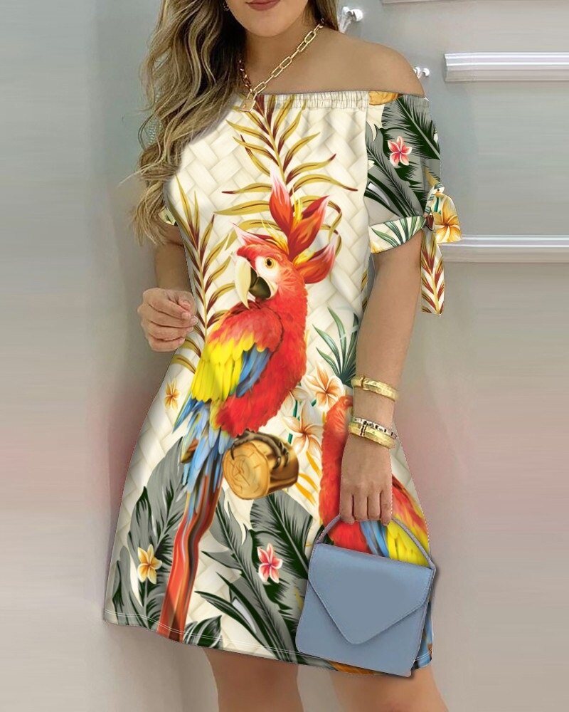 Women Off Shoulder Summer Mini Dress Short Sleeve Bow Tie Striped Plaid Floral Vestidos