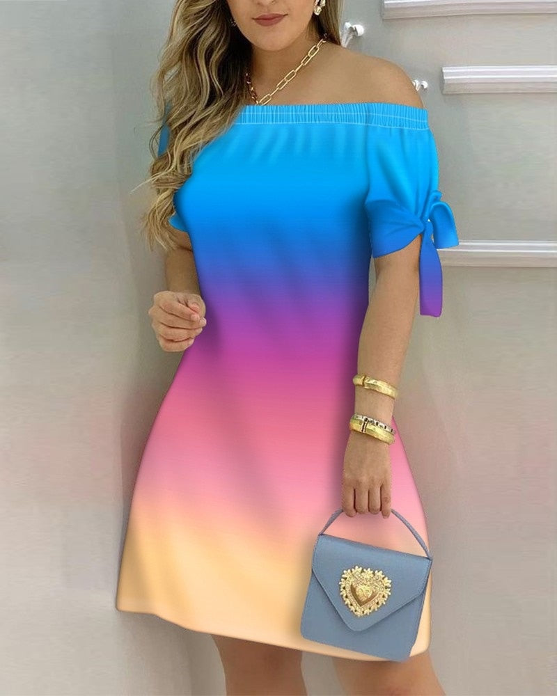 Women Off Shoulder Summer Mini Dress Short Sleeve Bow Tie Striped Plaid Floral Vestidos