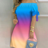 Women Off Shoulder Summer Mini Dress Short Sleeve Bow Tie Striped Plaid Floral Vestidos
