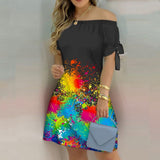 Women Off Shoulder Summer Mini Dress Short Sleeve Bow Tie Striped Plaid Floral Vestidos